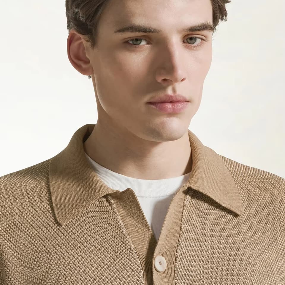 Men's Tan Honeycomb Knit Shirt Collar Cardigan