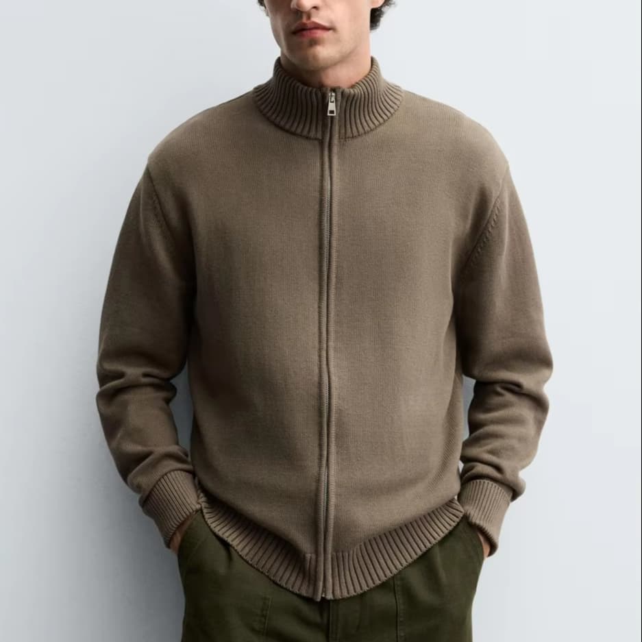 Men's Taupe Ribbed Full Zip Funnel Neck Knit Cardigan