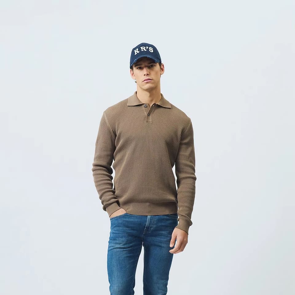 Men's Taupe Ribbed Long Sleeve Knit Polo