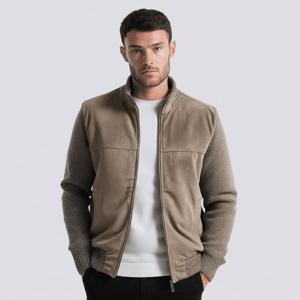 Men's Taupe Suede Front Knit Sleeve Bomber Jacket