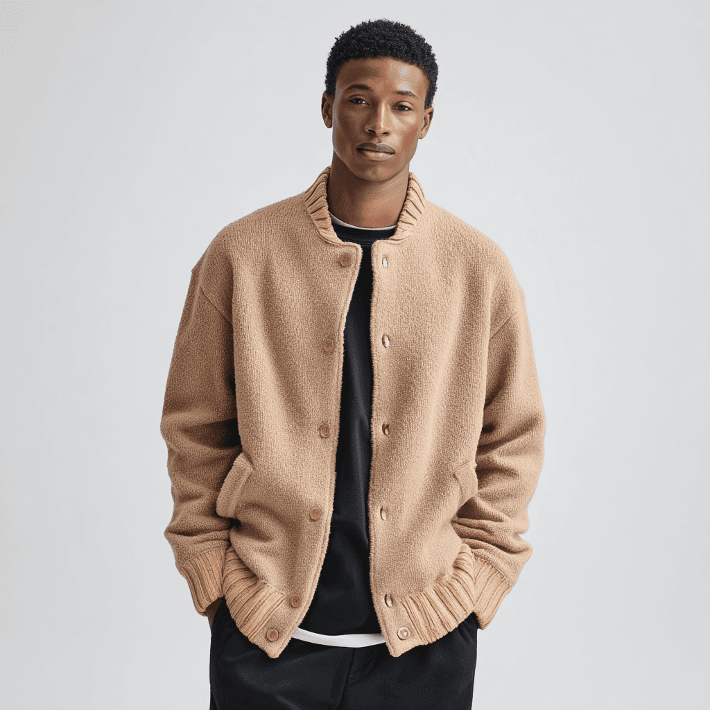 Men's Textured Beige Knit Bomber Jacket Snap Button Collar Boucle Wool Minimalist