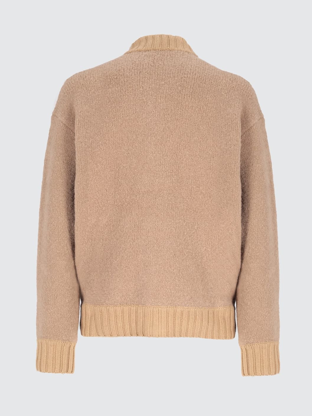 Men's Textured Beige Knit Bomber Jacket Snap Button Collar Boucle Wool Minimalist — view 5