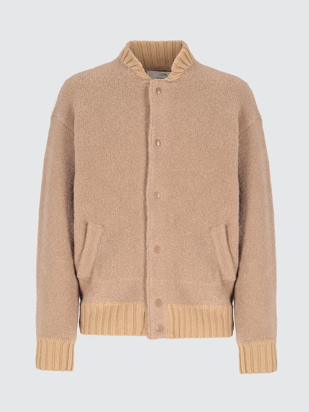 Men's Textured Beige Knit Bomber Jacket Snap Button Collar Boucle Wool Minimalist — view 6