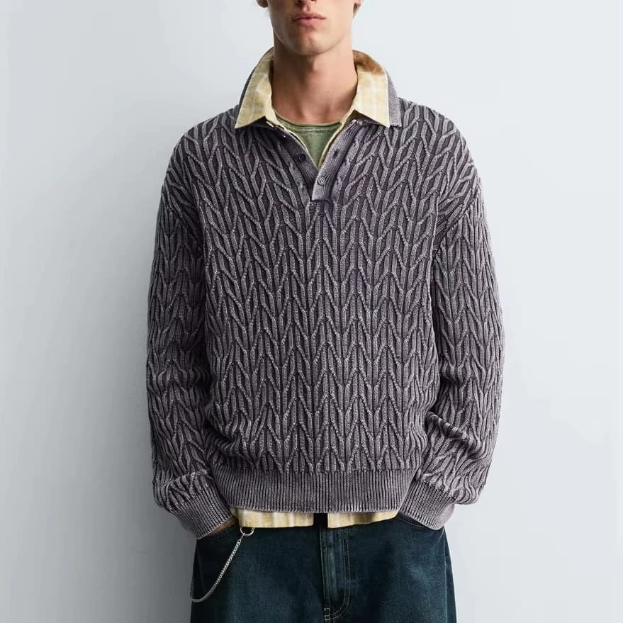 Men's Textured Geometric Jacquard Polo Sweater