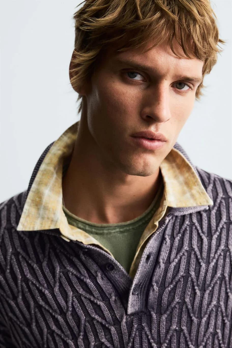Men's Textured Geometric Jacquard Polo Sweater — view 5