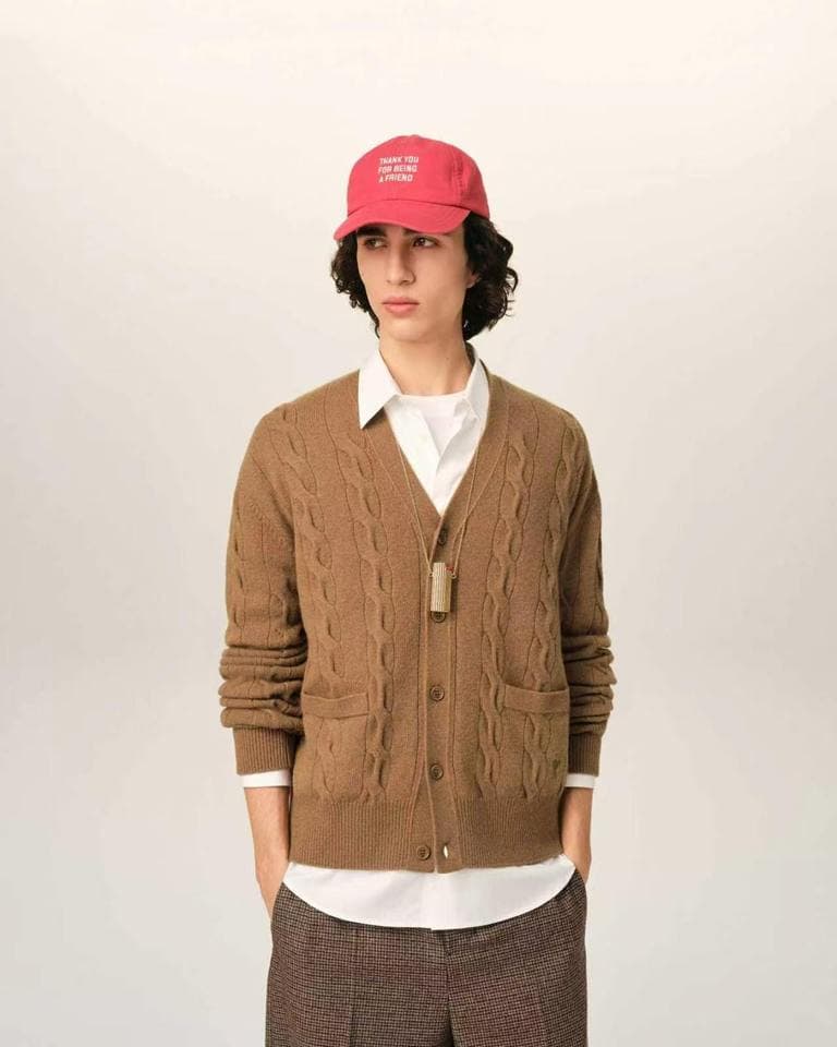 Men's Tobacco Brown Cable Knit Button Cardigan