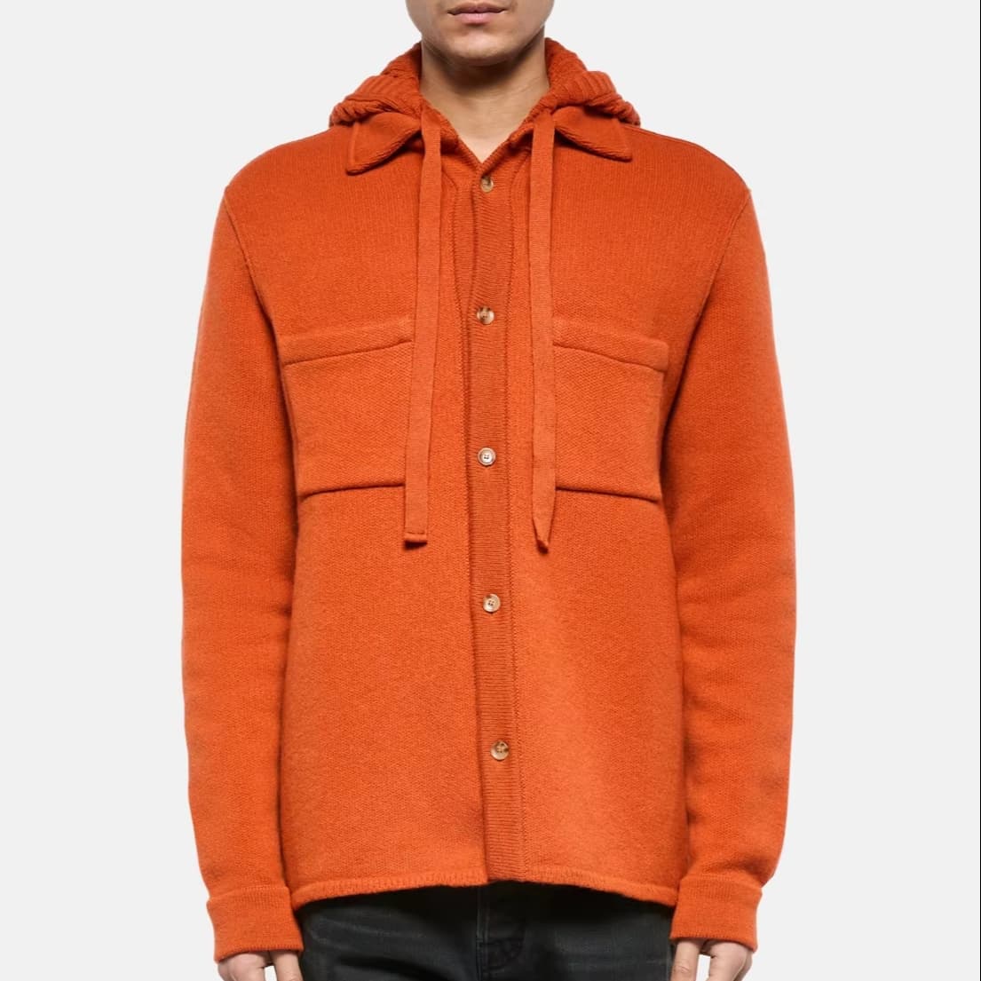 Men's Vibrant Orange Knit Shacket Overshirt Cardigan Chest Pockets Button Wool Cotton