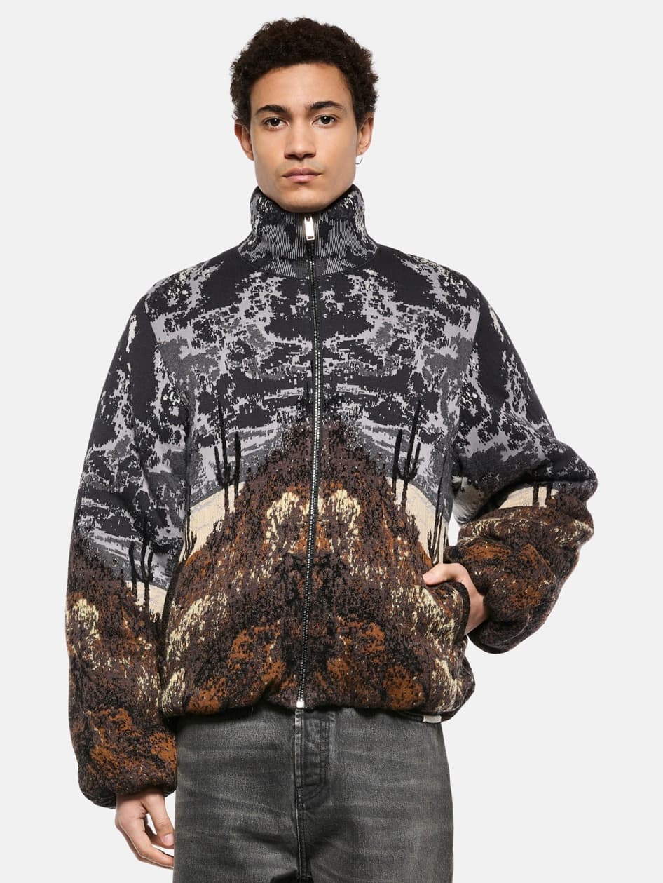 Men's Western Scenic Landscape Jacquard Knit Jacket Full Zip Mountain Pattern Fleece Outerwear