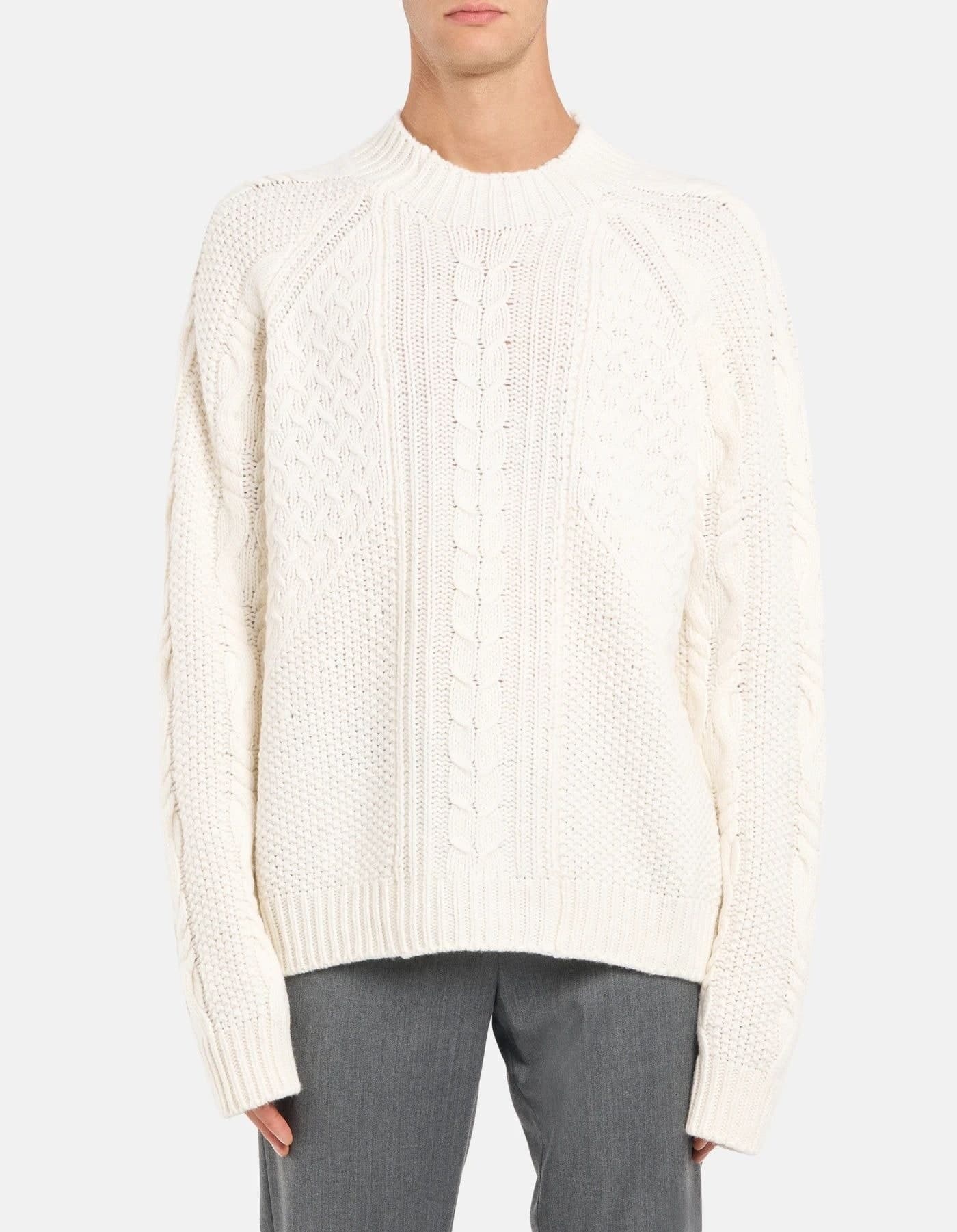 Men's White Cable Knit Crew Neck Sweater