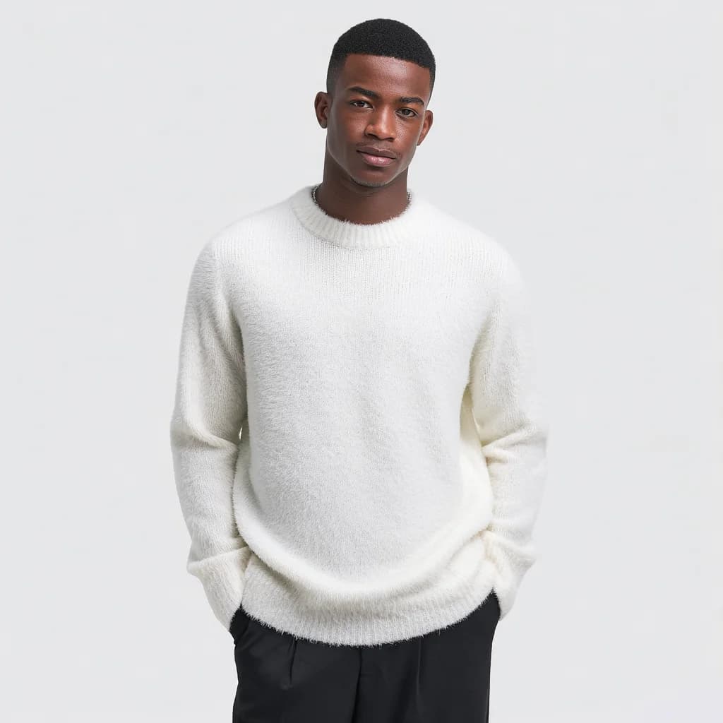 Men's White Mohair Crew Neck Sweater