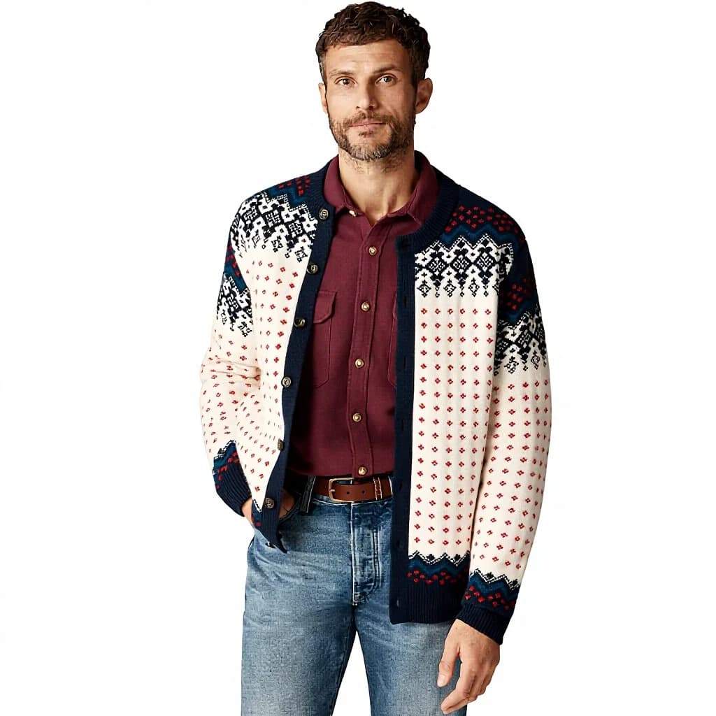 Men's White Red Polka Dot Cardigan Fair Isle Button Down