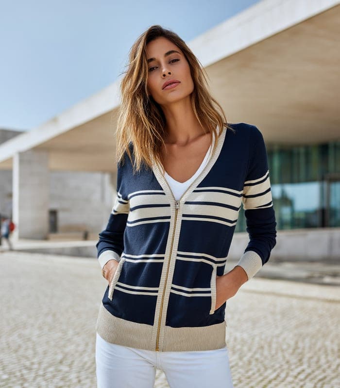 Women's Striped V-Neck Zippered Cardigan