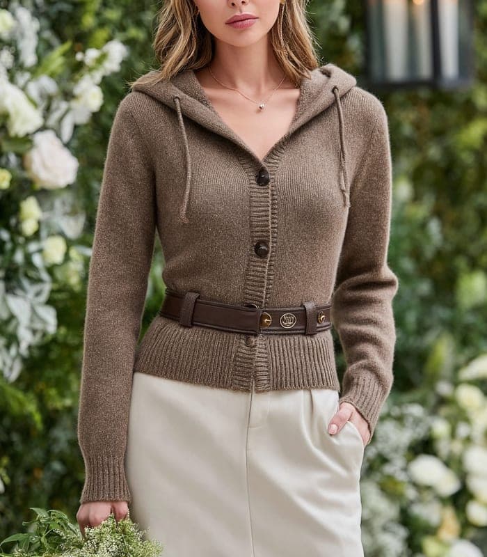 Women's Mink-Hooded Cardigan with Waist Channels