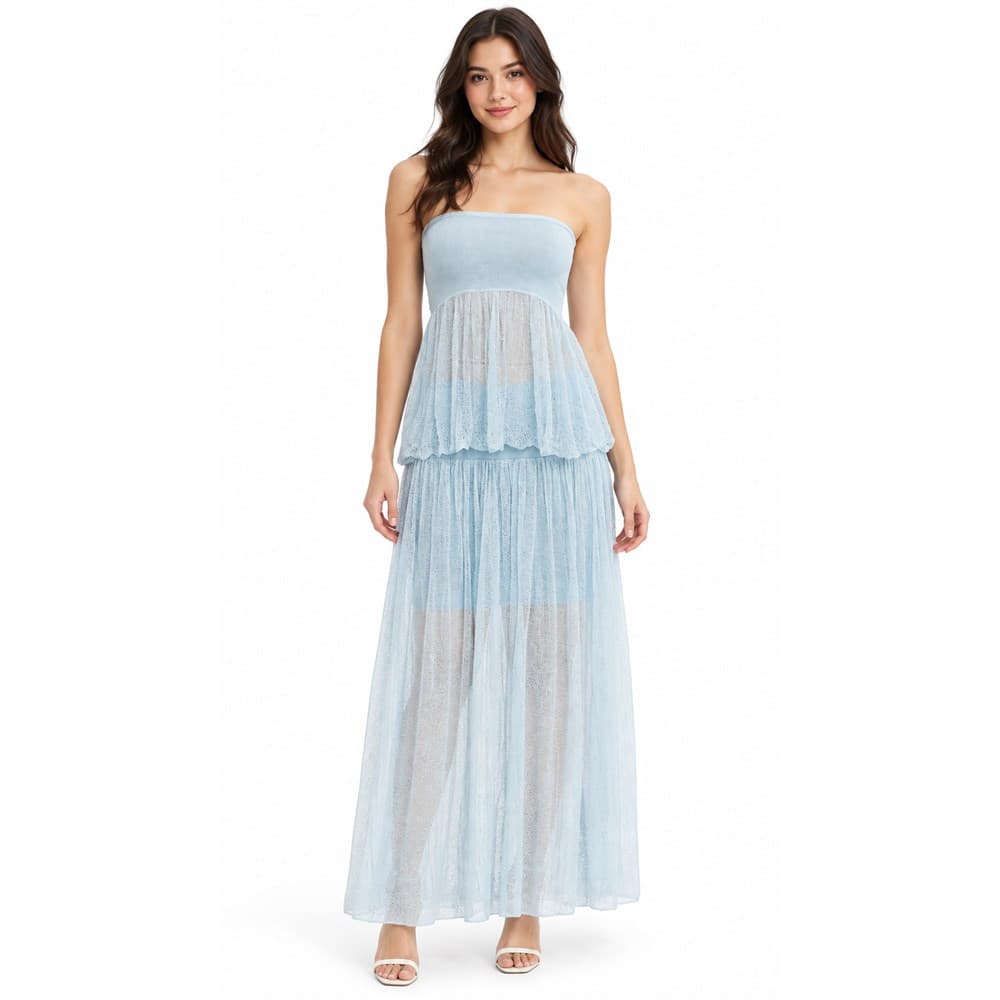 Women's Light Blue Knit Tube Top & Skirt Set