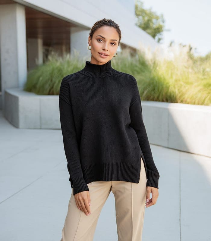 Women's High-Neck Sweater with Side Slits