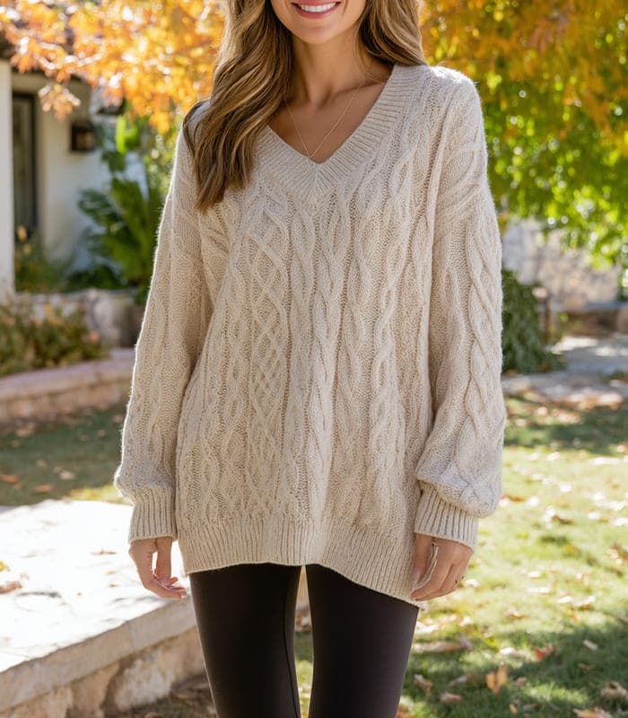 Women's Oversized Cable Knit V-Neck Sweater