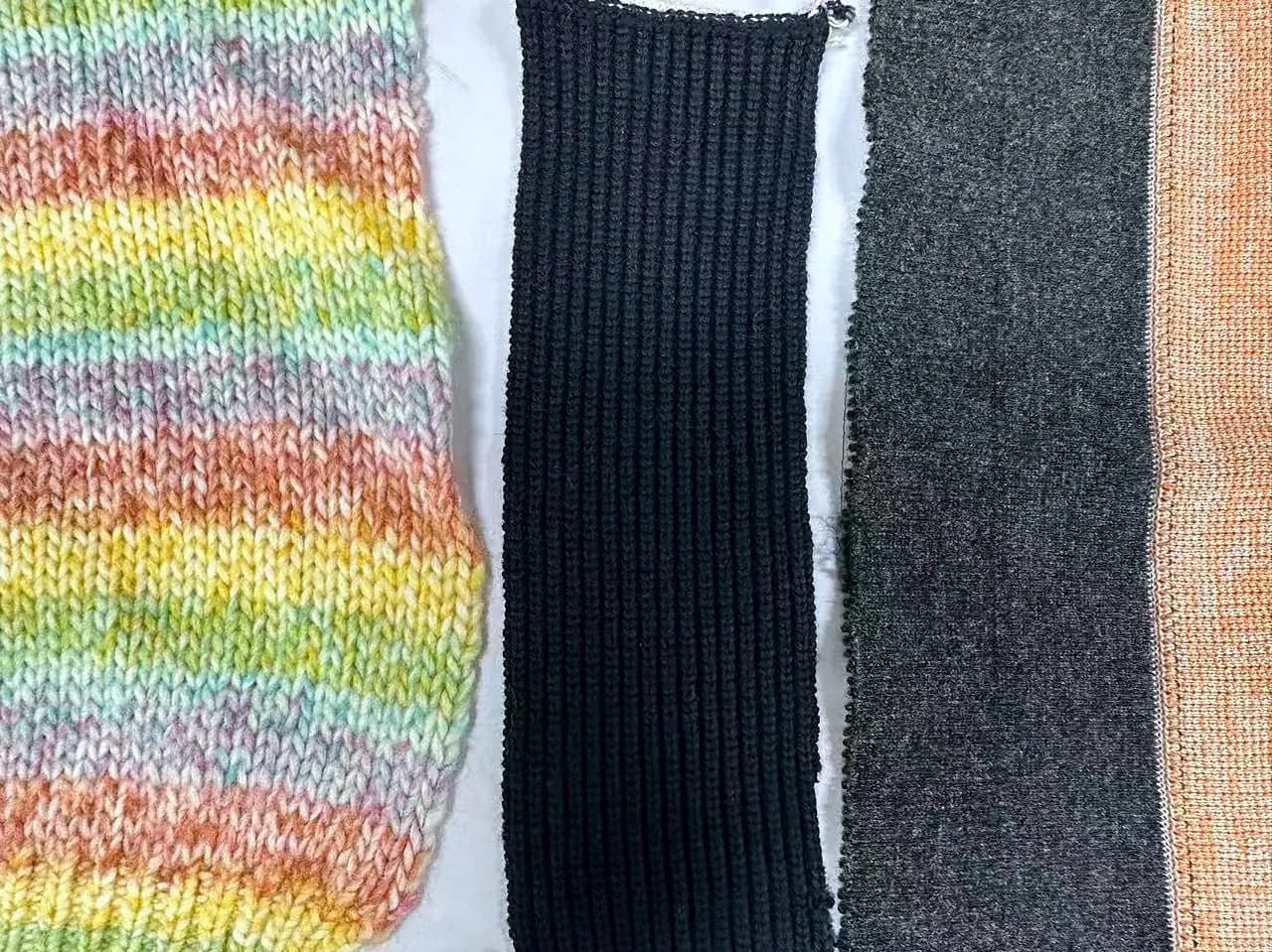Knit panels in 5GG, 7GG and 12GG gauges compared side by side.