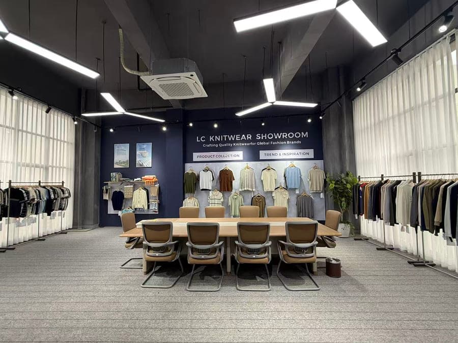 LC Knitwear showroom interior with collection displays — showroom planning