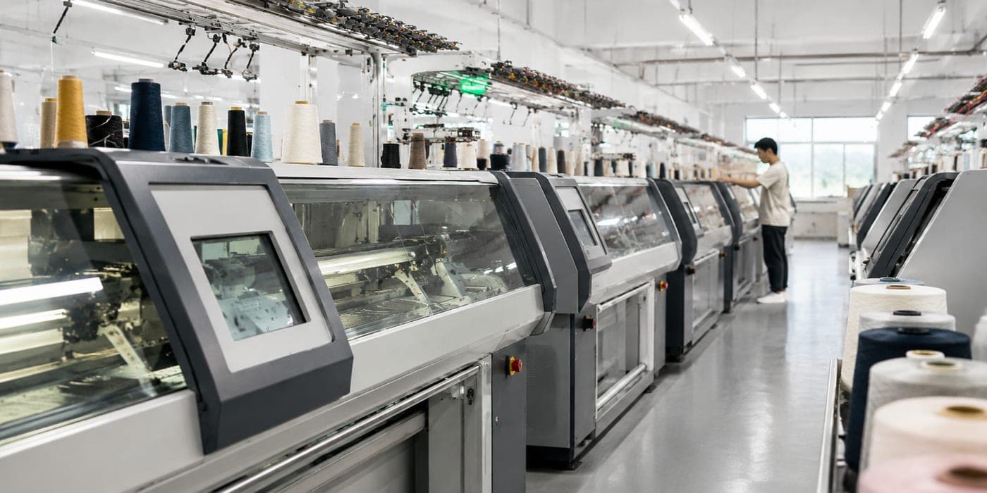 Licheng Knitwear production capability — flat-knitting factory floor