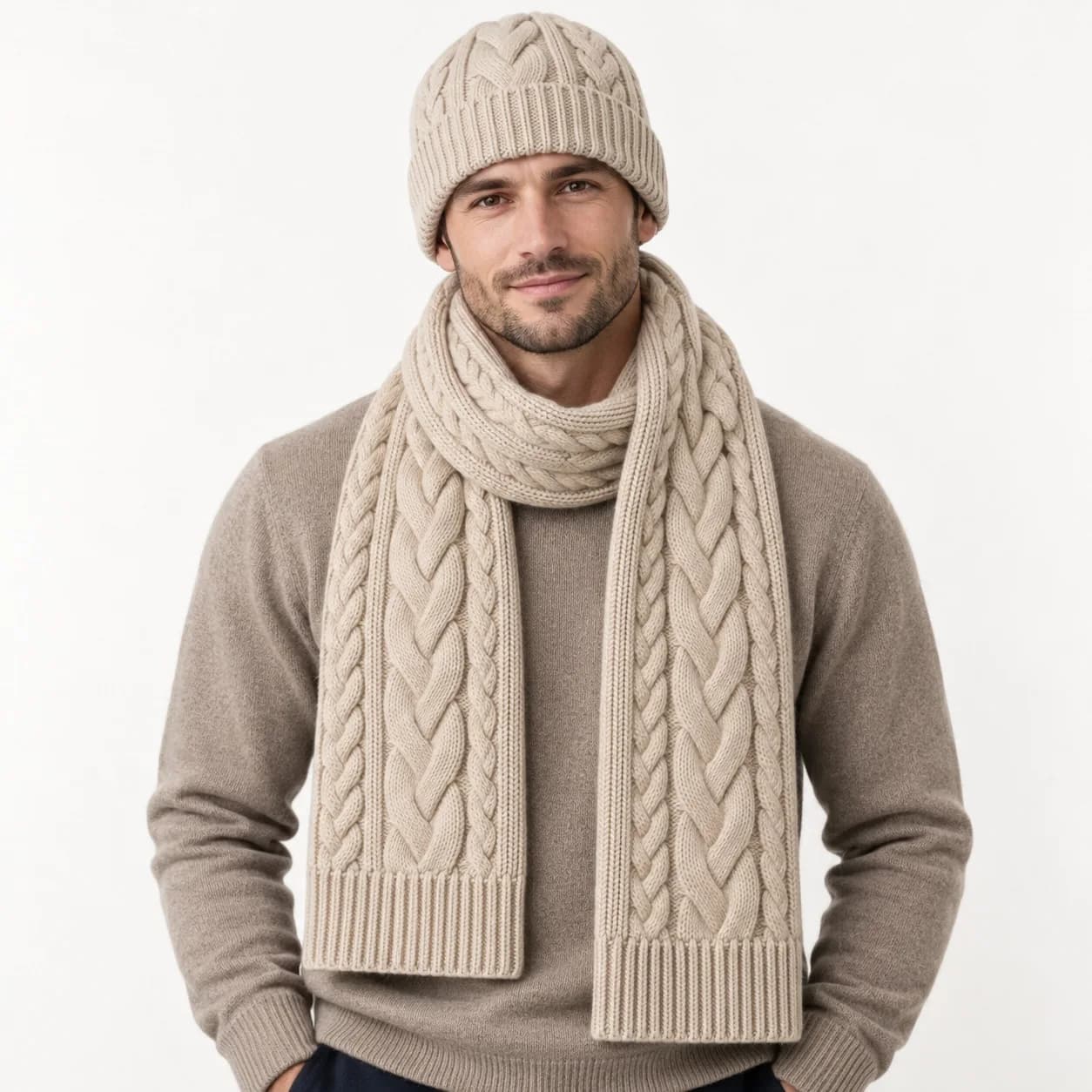 Cable-Knit Beanie and Scarf Set - model or use reference (AI development concept)