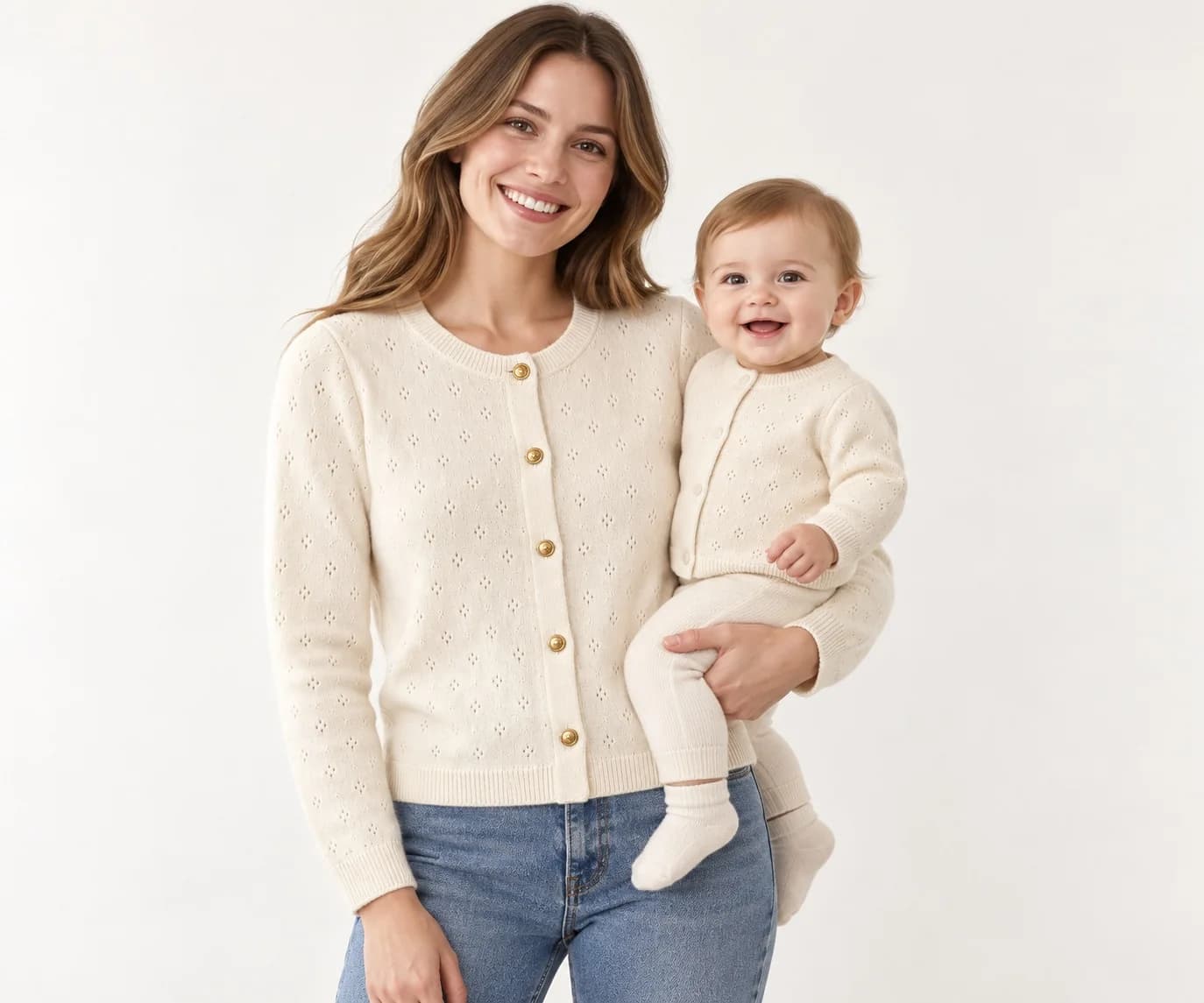 Mother and Baby Matching Knit Cardigans - model or use reference (AI development concept)