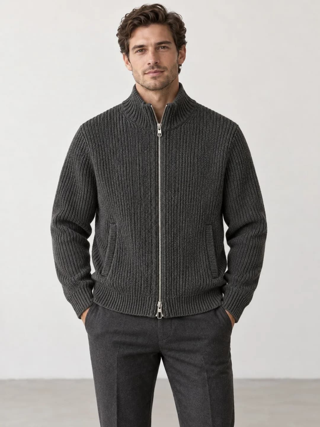 Men's Ribbed Two-Way Zip Stand-Collar Cardigan - model or use reference (AI development concept)