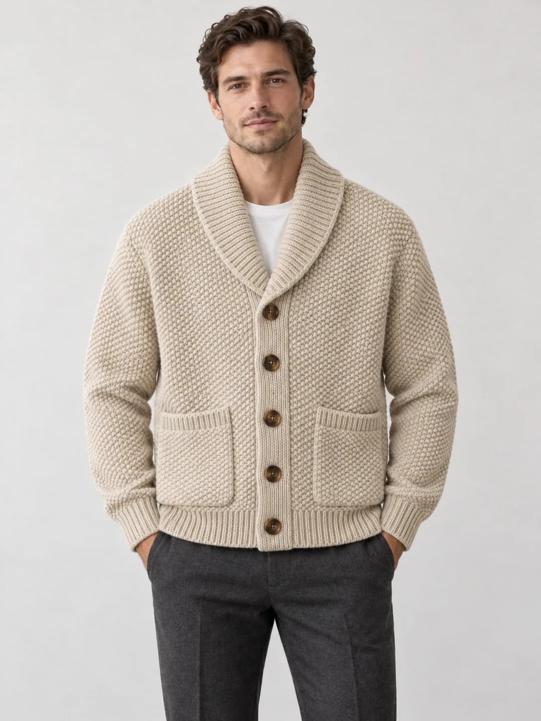 Men's Chunky Pearl-Stitch Shawl Cardigan - model or use reference (AI development concept)