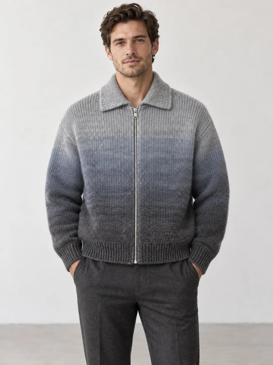 Men's Brushed Mohair-Blend Ombre Zip Cardigan - model or use reference (AI development concept)