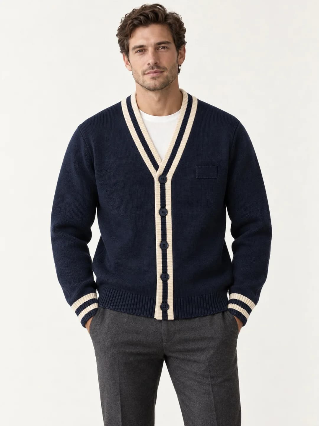 Men's Tipped V-Neck Varsity Cardigan - model or use reference (AI development concept)