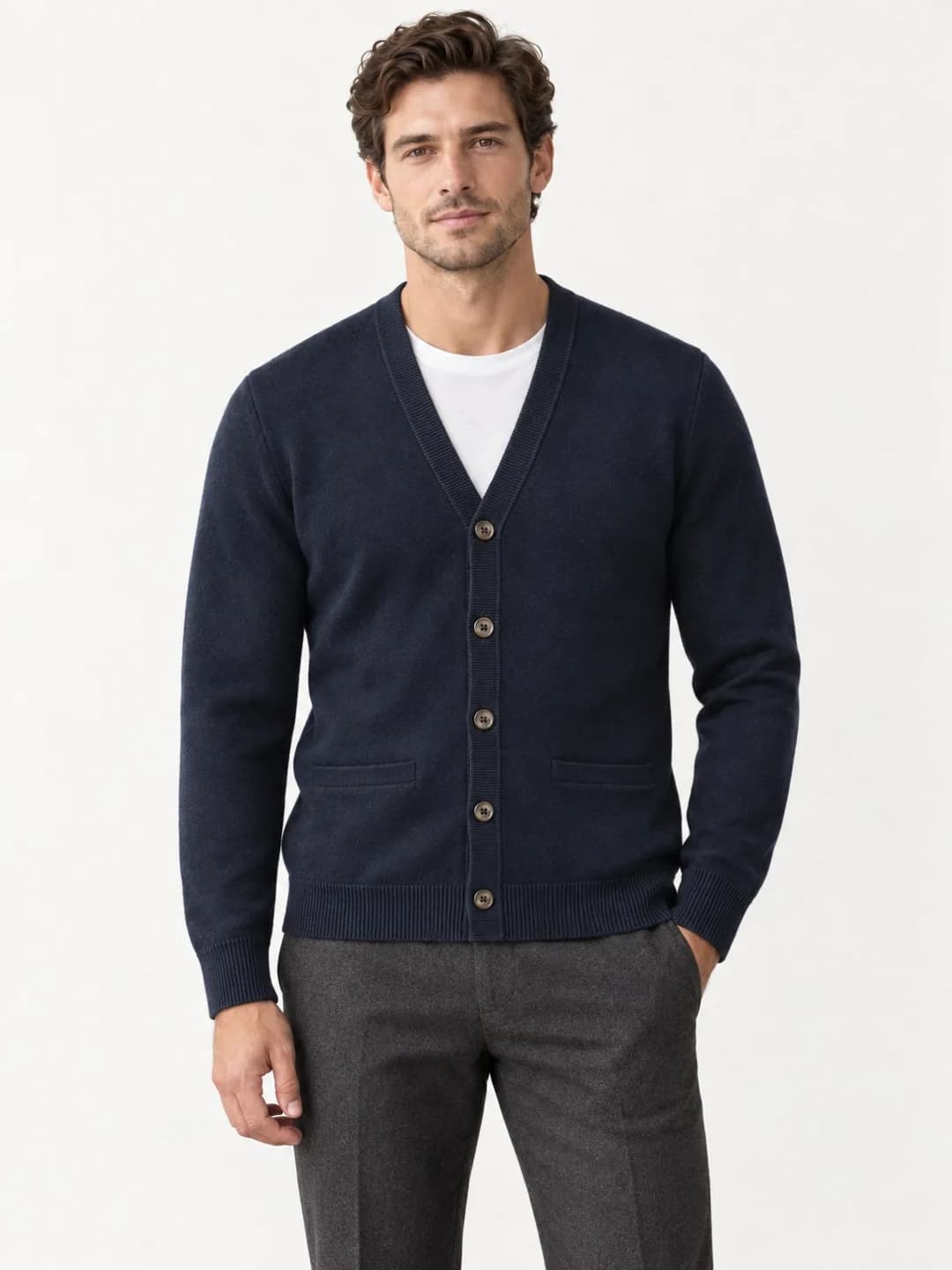Men's Fine Merino V-Neck Cardigan - model or use reference (AI development concept)