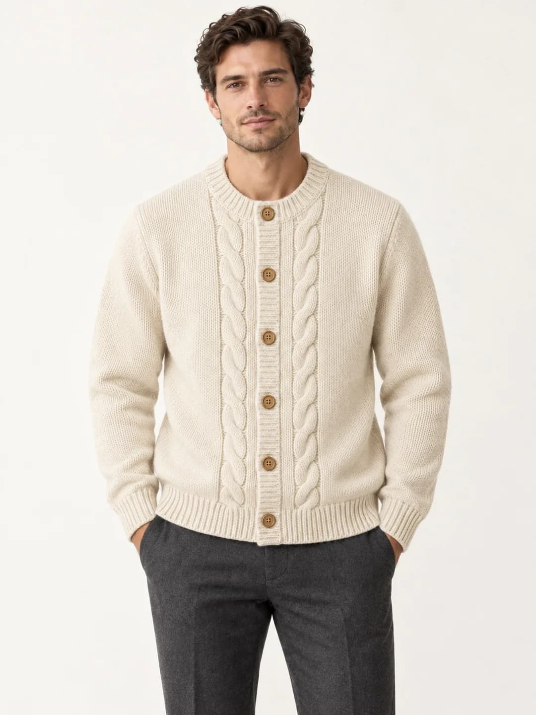 Men's Wool-Blend Cable-Placket Crew Cardigan - model or use reference (AI development concept)