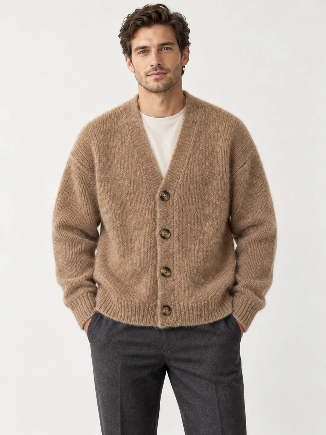 Men's Relaxed Alpaca-Blend V-Neck Cardigan - model or use reference (AI development concept)