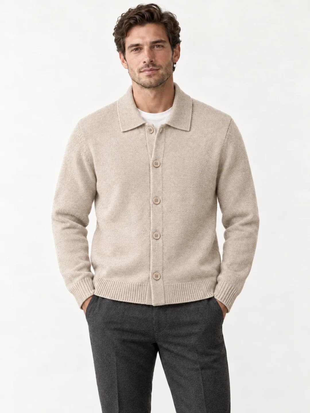 Men's Fine-Gauge Cotton-Wool Polo-Collar Cardigan - model or use reference (AI development concept)