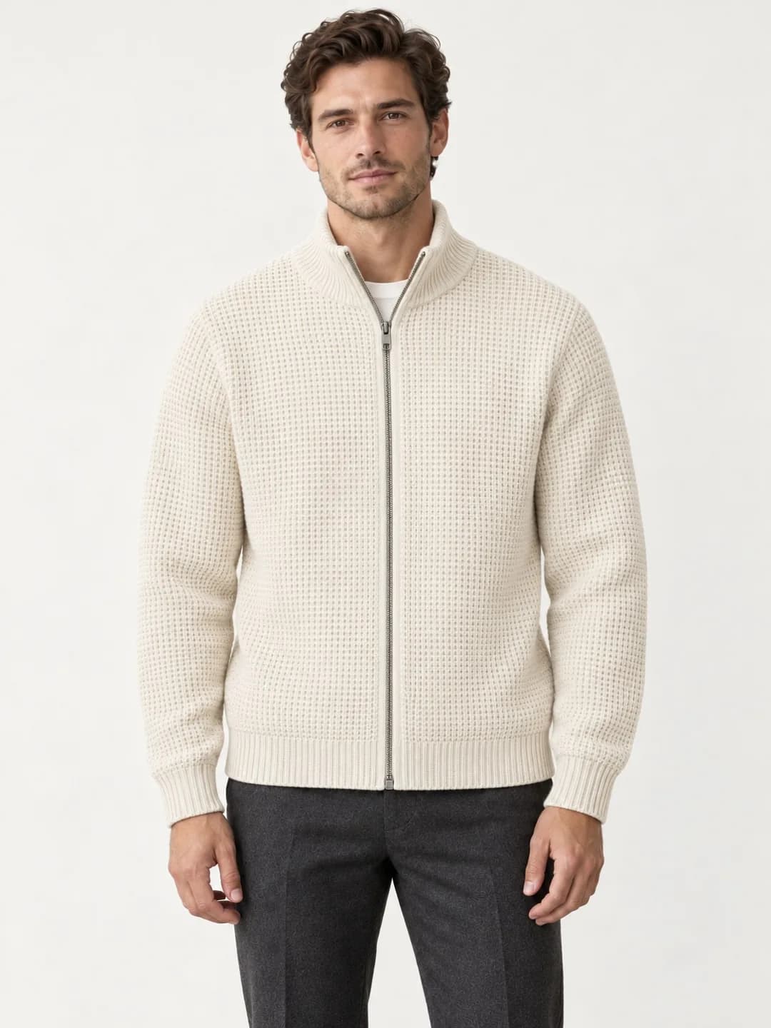 Men's Cotton Waffle Full-Zip Cardigan - model or use reference (AI development concept)