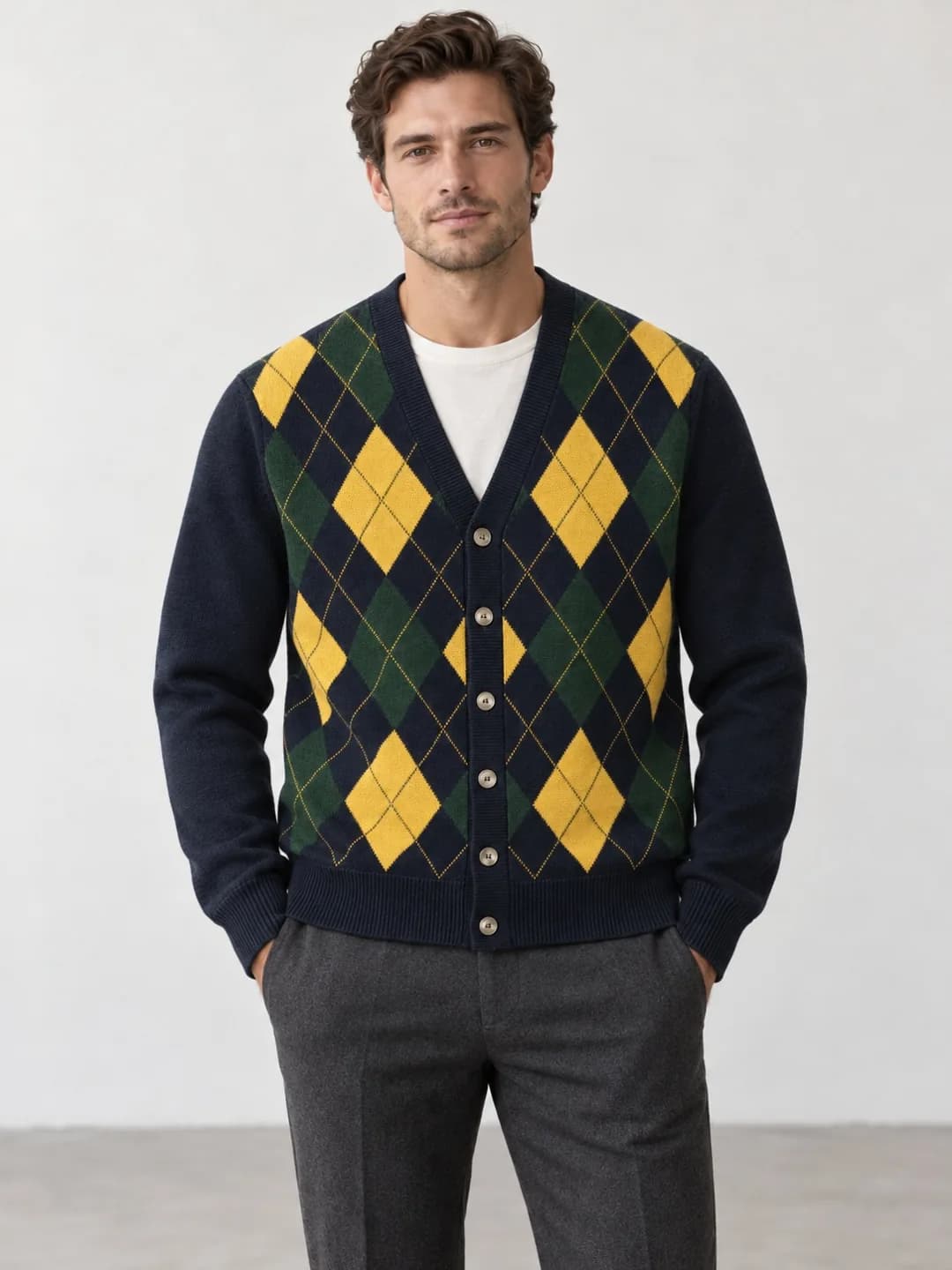 Men's Merino-Blend Argyle Button Cardigan - model or use reference (AI development concept)