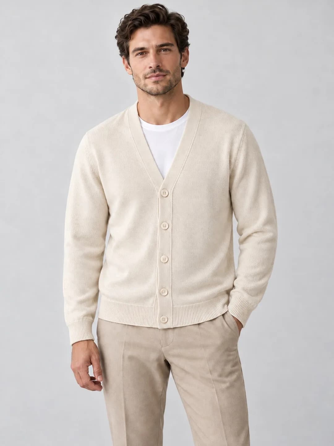 Men's Cotton-Linen V-Neck Cardigan - model or use reference (AI development concept)
