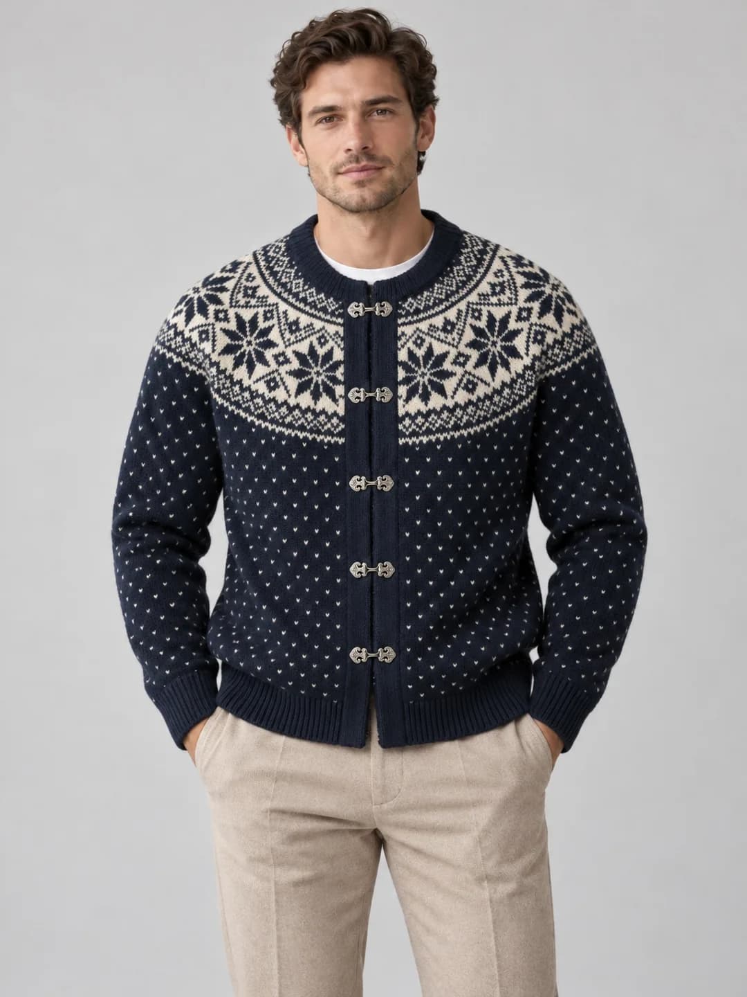 Men's Nordic Jacquard Metal-Clasp Cardigan - model or use reference (AI development concept)
