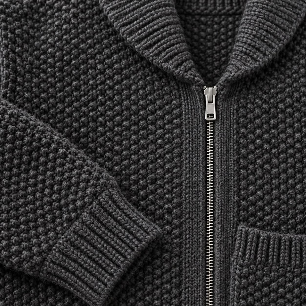 Men's Pearl-Stitch Shawl-Collar Zip Cardigan - texture reference (AI development concept)