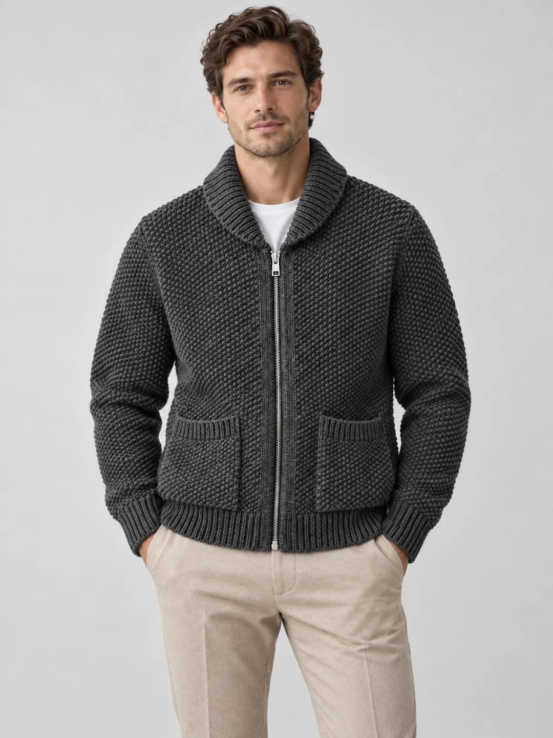 Men's Pearl-Stitch Shawl-Collar Zip Cardigan - model or use reference (AI development concept)