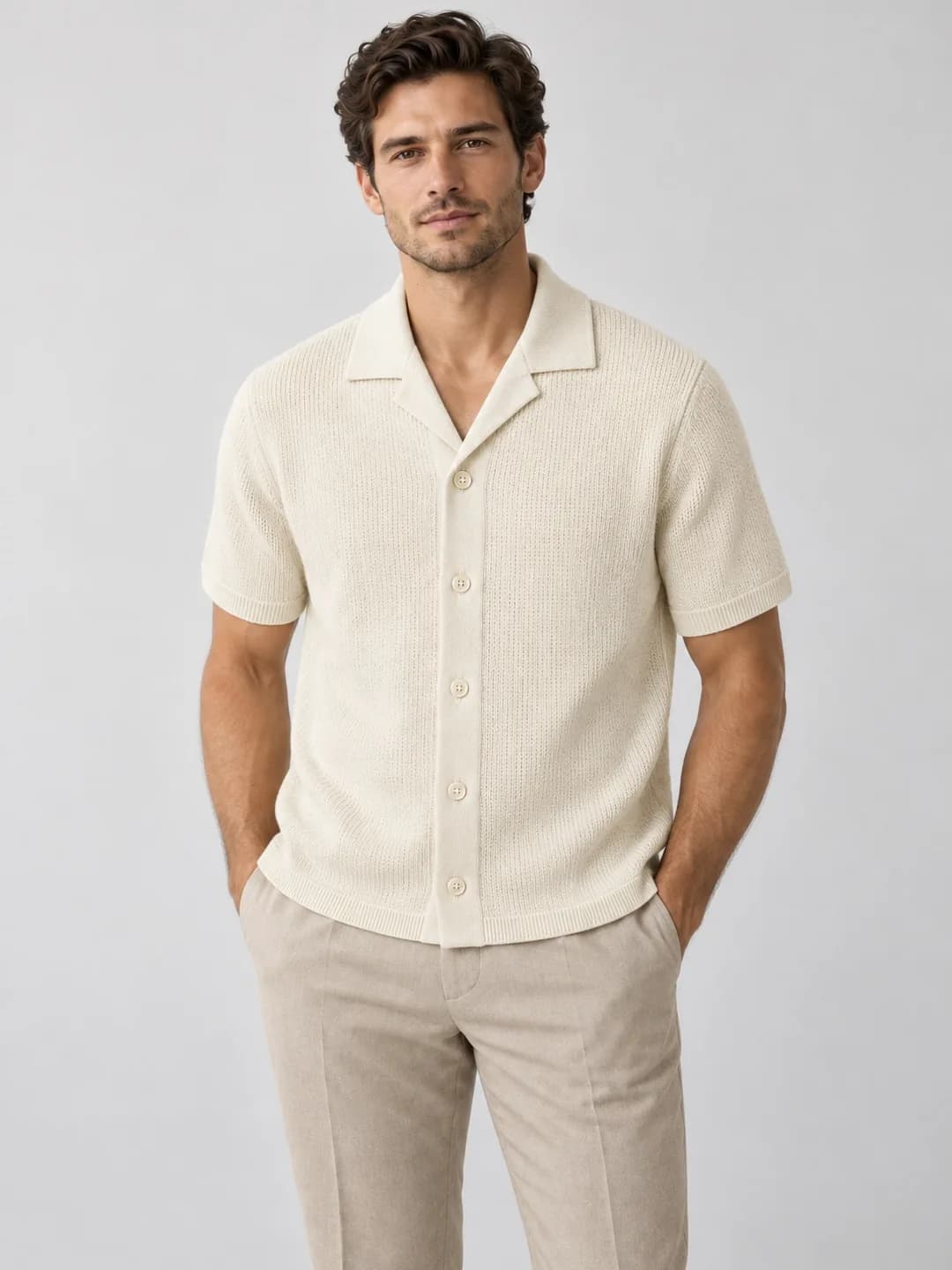 Men's Short-Sleeve Camp-Collar Knit Shirt - model or use reference (AI development concept)