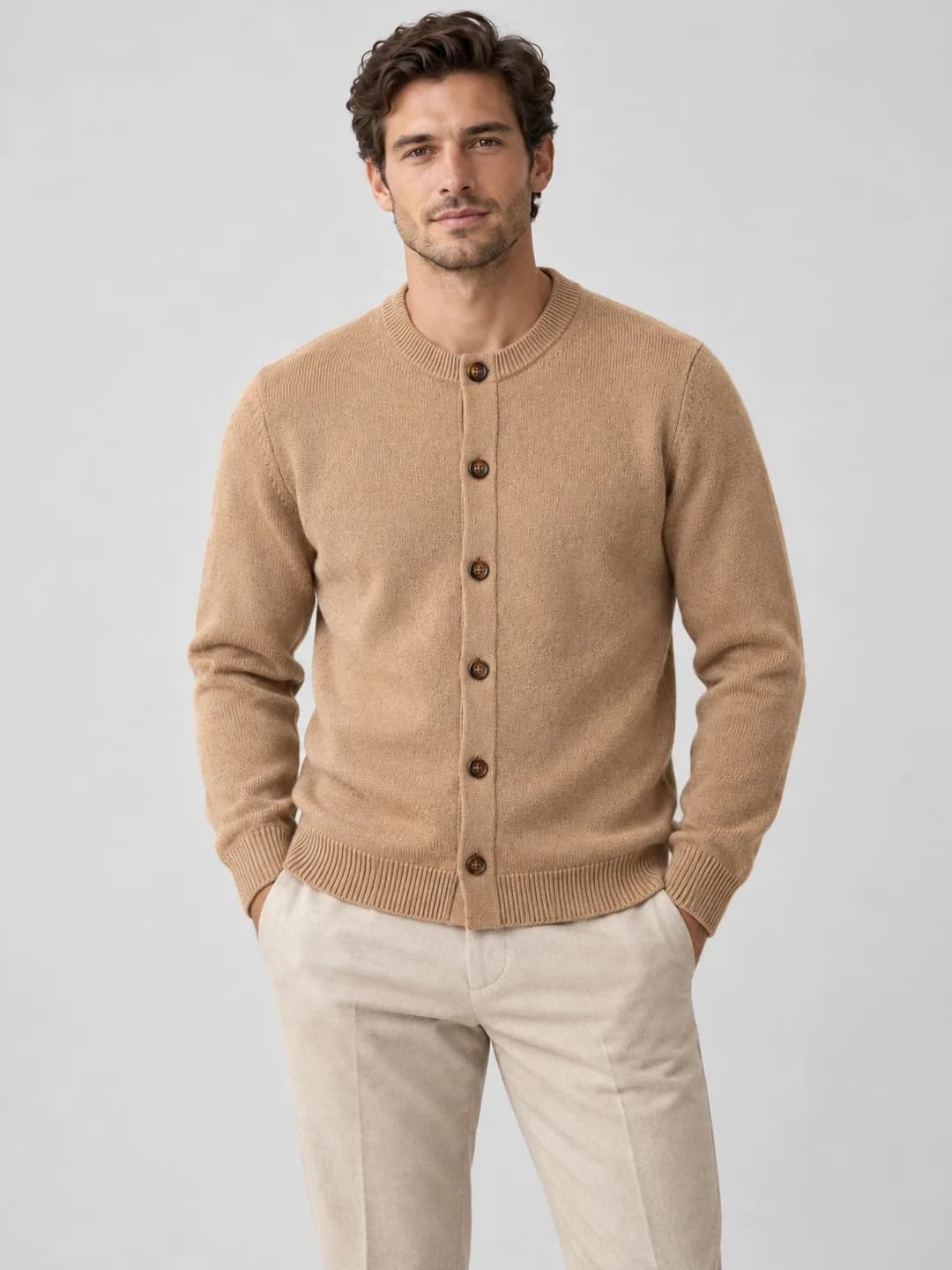 Men's Wool-Cashmere Crew-Neck Cardigan - model or use reference (AI development concept)