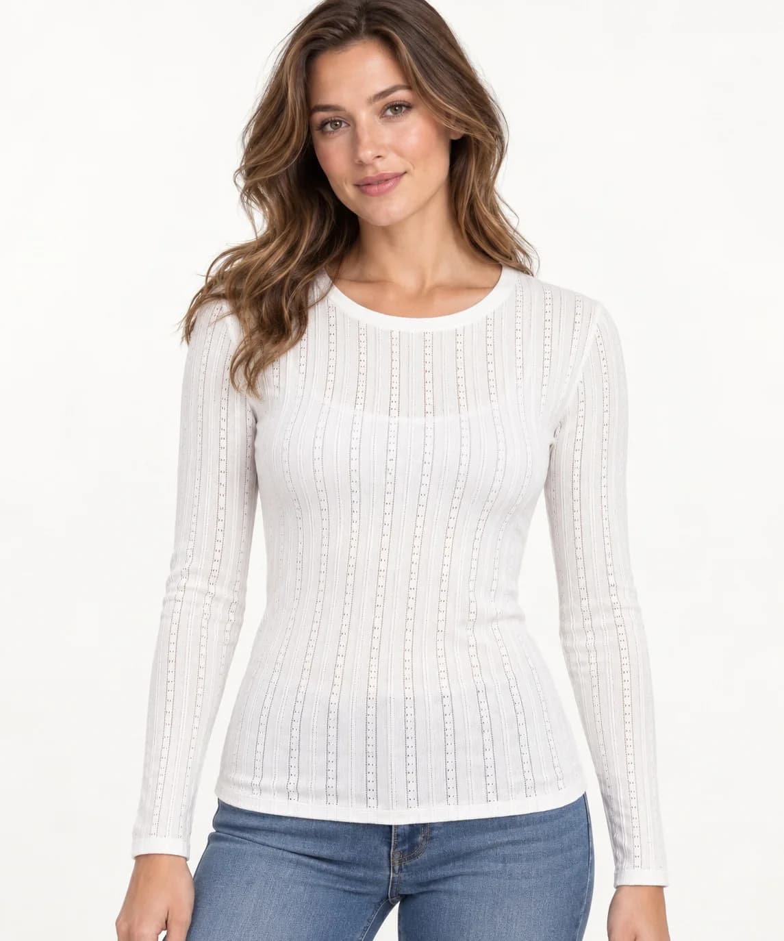 Women's Vertical Pointelle Long-Sleeve Knit Top - model or use reference (AI development concept)