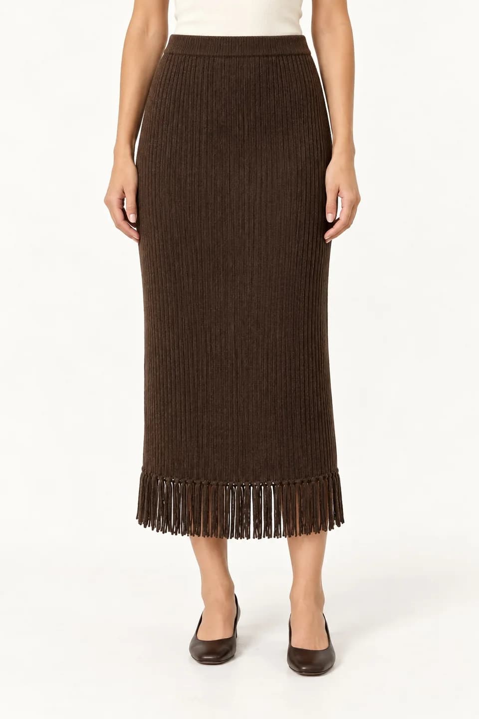 Women's Fringe-Hem Knit Midi Skirt - model or use reference (AI development concept)