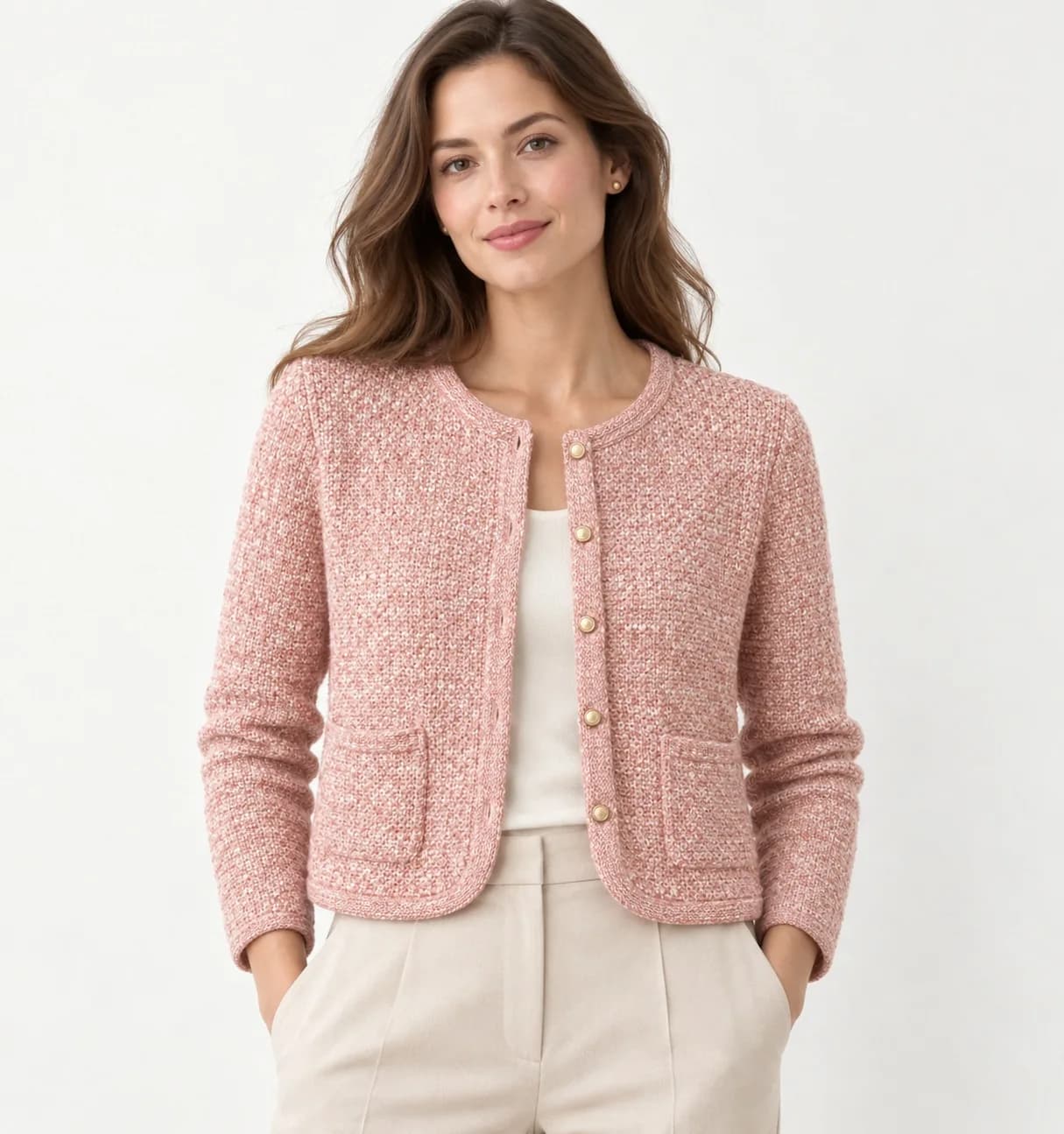 Women's Tonal Tweed-Effect Knit Cardigan - model or use reference (AI development concept)