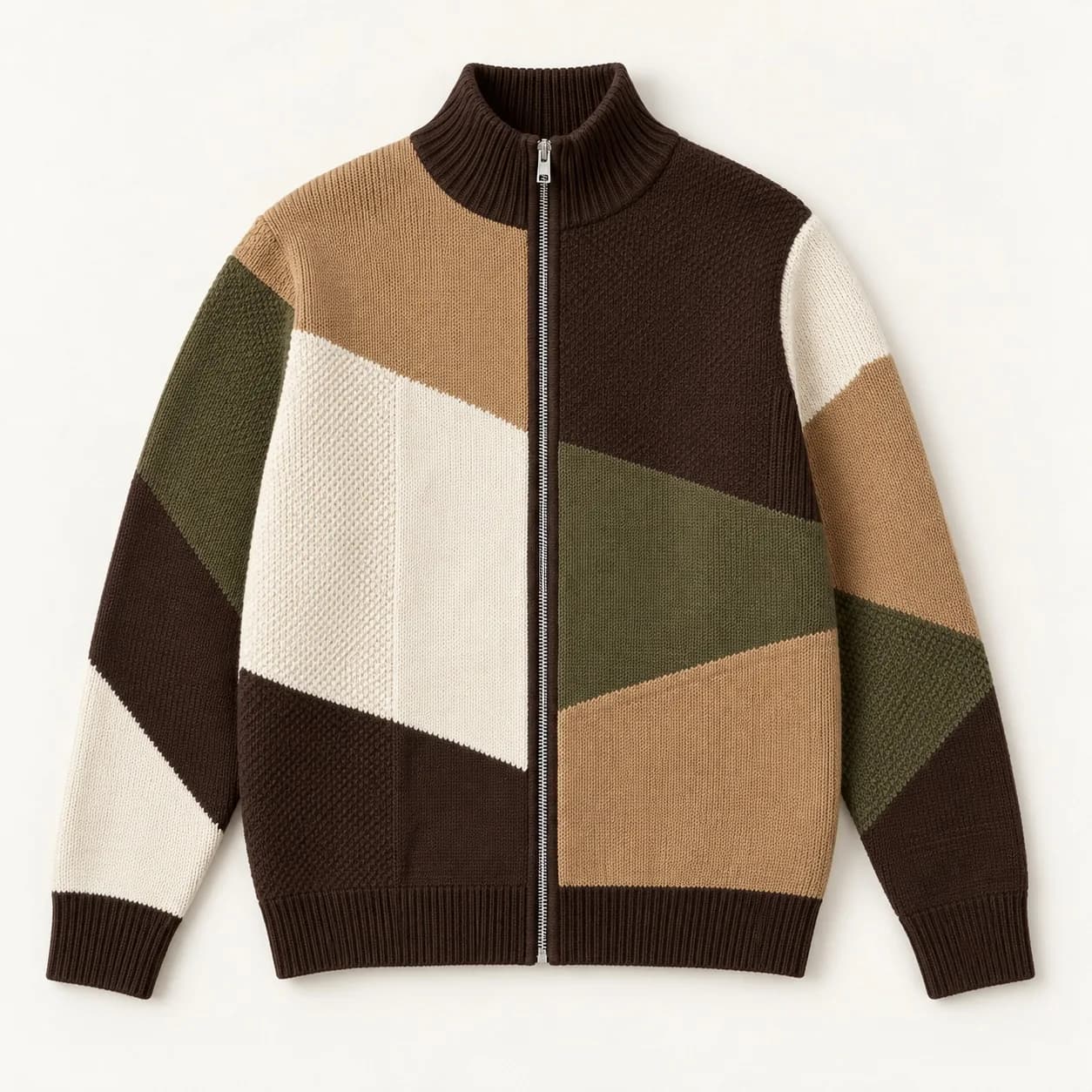 Men's Intarsia Patchwork Zip Jacket Development - front reference (AI development concept)