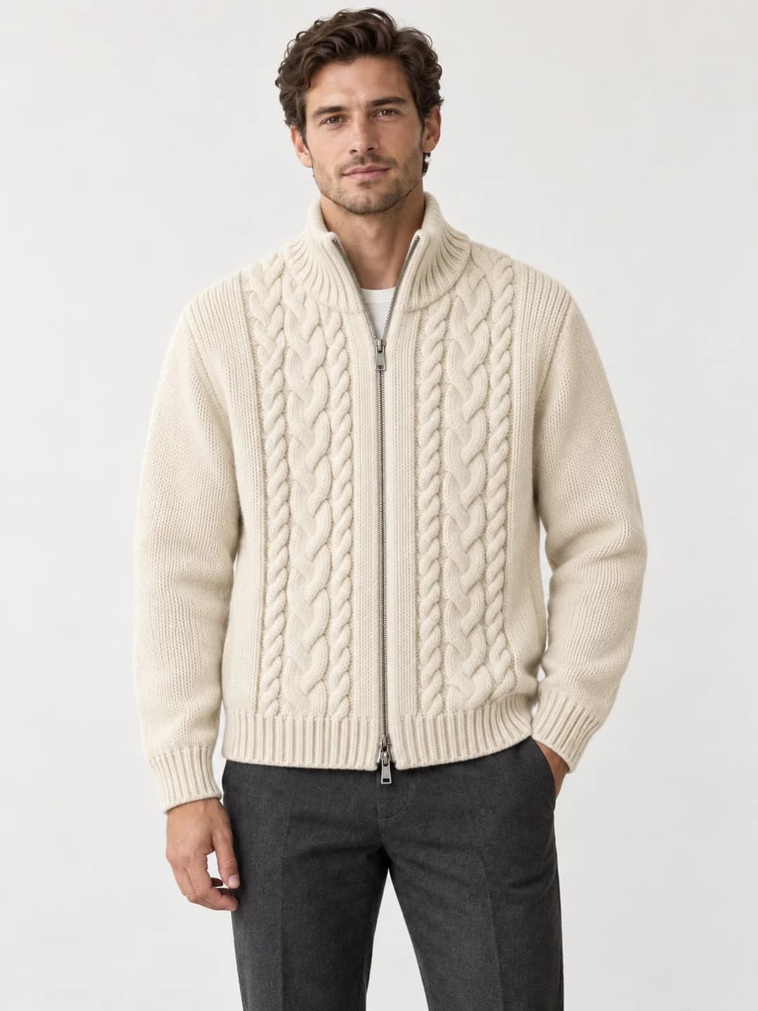Men's Cable-Front Funnel-Neck Zip Jacket - model or use reference (AI development concept)