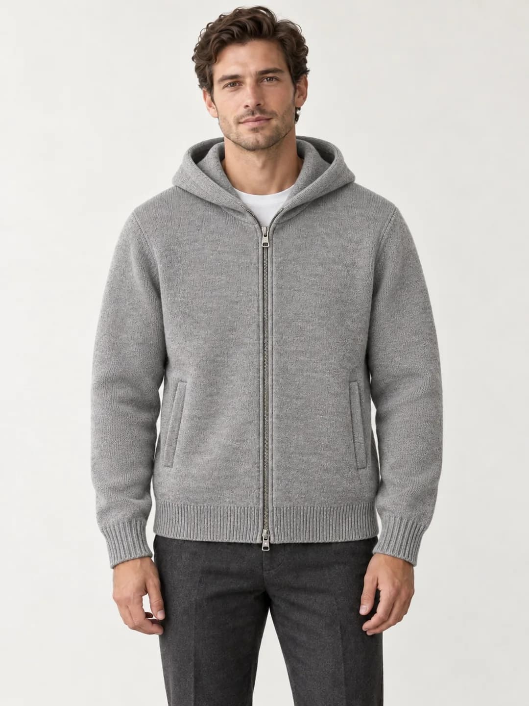 Men's Two-Way Zip Knit Hoodie Development - model or use reference (AI development concept)