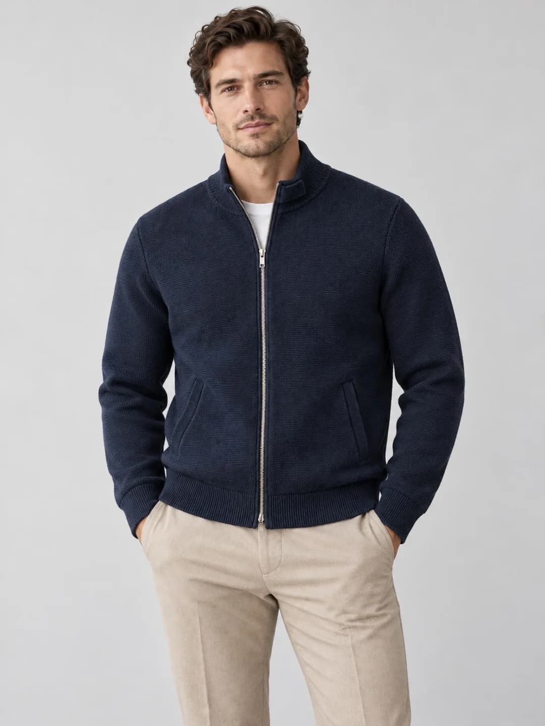 Men's Cotton Knit Harrington Jacket - model or use reference (AI development concept)