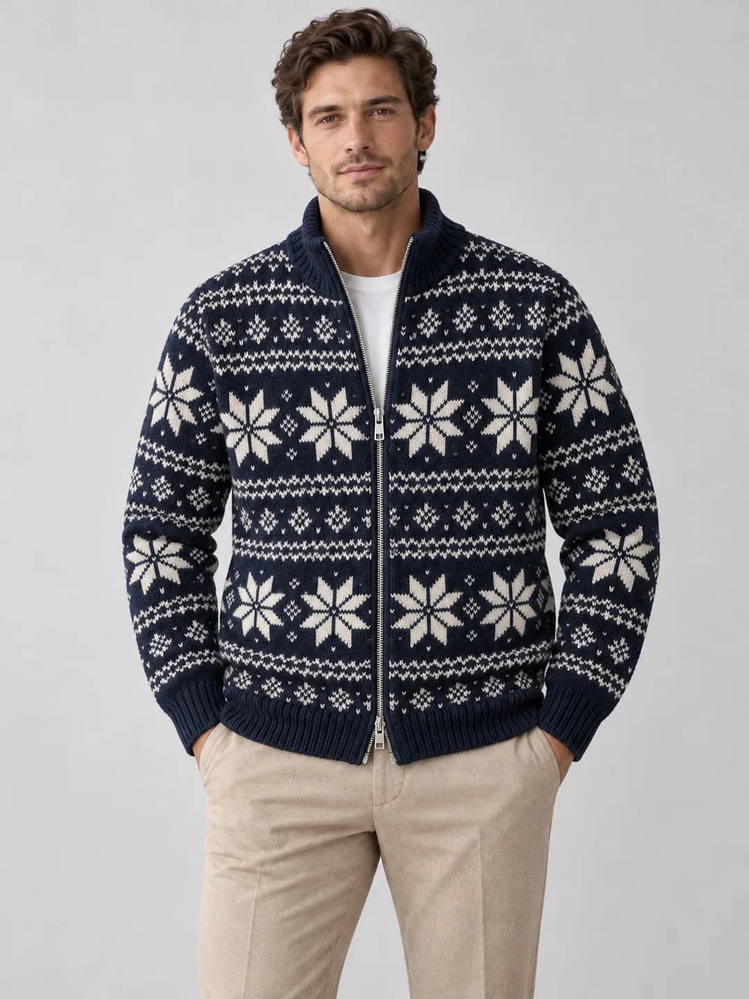 Men's Snowflake Jacquard Full-Zip Jacket - model or use reference (AI development concept)