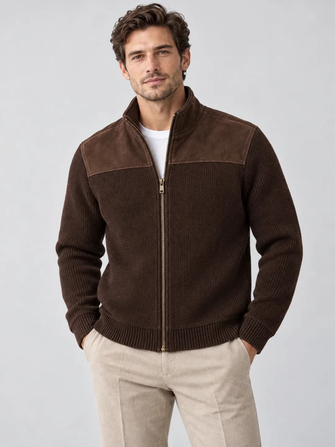 Men's Faux-Suede Yoke Knit Zip Jacket - model or use reference (AI development concept)